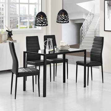 Eetkamerset eethoek Porvoo 5-delig glas tafel en stoelen zwa, Verzenden, Nieuw