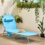 Verstelbare Strandligstoel met Hoofdkussen en Zijtas - blauw, Verzenden, Nieuw