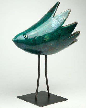 Urszula Despet - sculptuur, Raku Green Bird - 21 cm -