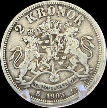 Zweden. Oscar II. 2 Kronor 1903 / Key date (Zonder, Gestempeld