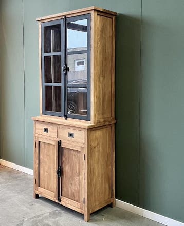 Robuuste vitrine met stalen deuren gemaakt van oud teakhout, 200 cm of meer, Teakhout, Nieuw, Industrieel 