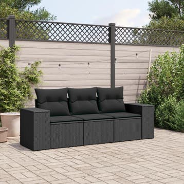 vidaXL 3-delige Loungeset met kussens poly rattan zwart, Verzenden, Nieuw, Loungeset