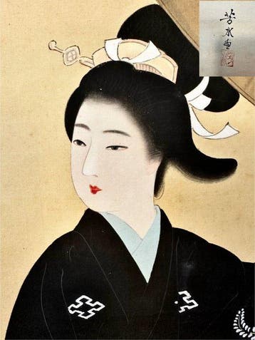 Een mooie vrouw onder kersenbloesems - Zijde - Okamoto
