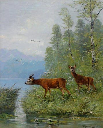 Moritz Müller (1869-1934) - Roebucks at the lake, Antiek en Kunst
