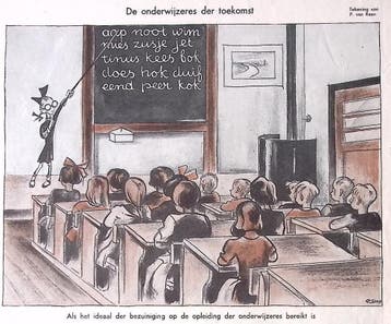 Spotprent met een kind als onderwijzeres der toekomst, Verzenden
