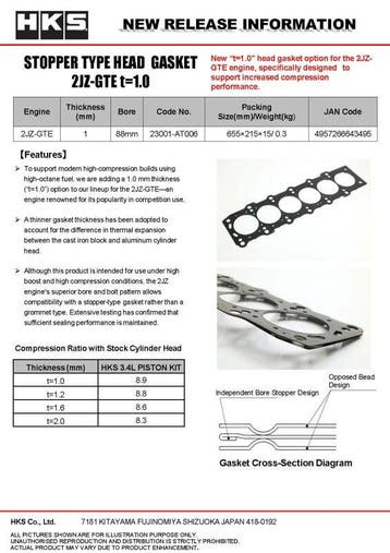 HKS STOPPER TYPE HEAD GASKET 2JZ t=1.0, Auto-onderdelen, Ophalen of Verzenden, Nieuw