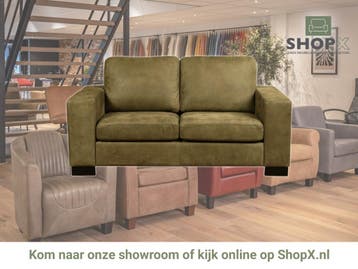 Leren bank Enjoy - 2 zits - Kenia Olive (olijf) - Poten, 150 tot 200 cm, Nieuw, Ophalen of Verzenden, Rechte bank