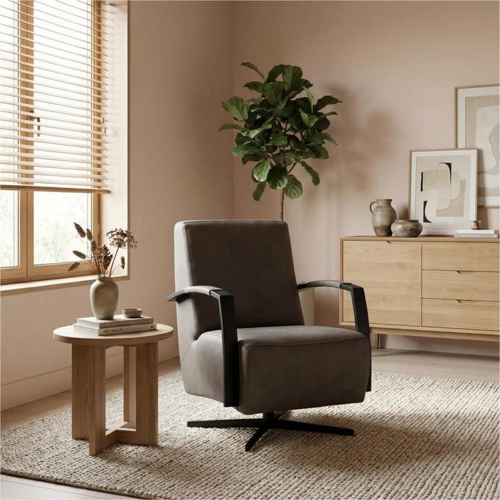Leren draaifauteuil Mood - Rancho Steel (grijs) - Stervoet, Huis en Inrichting, Fauteuils, 50 tot 75 cm, 75 tot 100 cm, Nieuw