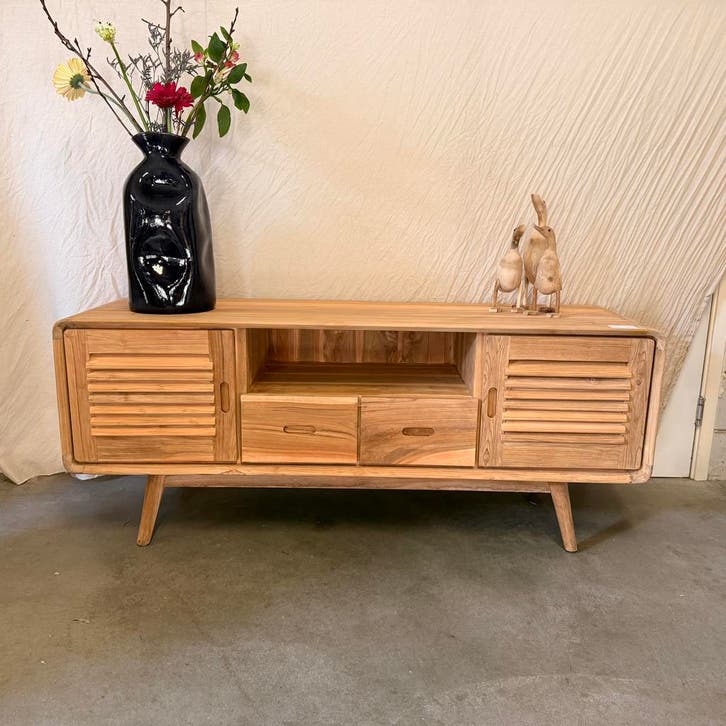 TV meubel teak - 150 cm - teak - louvredeuren - TTM Wonen, Huis en Inrichting, Kasten | Televisiemeubels, 25 tot 50 cm, Nieuw