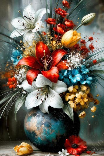 John Joseb Art glasschilderij bloemen in vaas abstract, 50 – 75, Minder dan 50 cm, Oorspronkelijke maker, Verzenden