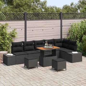 vidaXL Tuinbankenset met kussen 9 pcs Zwart poly rattan, Verzenden, Nieuw, Rotan, Meer dan 8 zitplaatsen