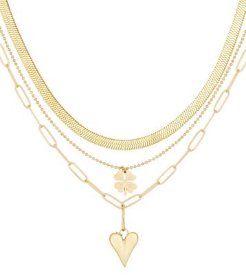 Goudlief Drielaagse ketting klaver en hart (Lange kettingen), Verzenden, Nieuw, Zilver, Overige materialen