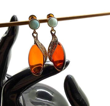 Oorbellen met natuurlijke Baltische barnsteen, Larimar,