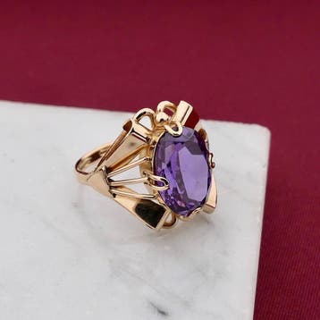 Roségouden ring gezet met een synthetische edelsteen, Gebruikt, 19 tot 20, Ophalen of Verzenden, Dame of Heer