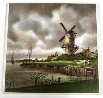 Vintage Royal Mosa tegel met handgeschilderd molenlandschap, Verzenden, Gebruikt