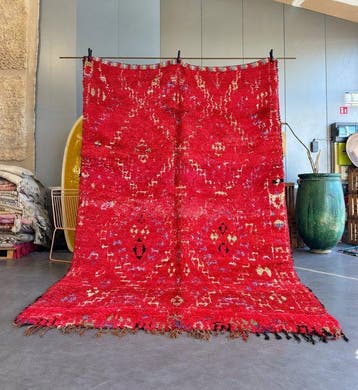 Marokkaans Berber-tapijt – Rode wol – Abstracte geometrische, Nieuw