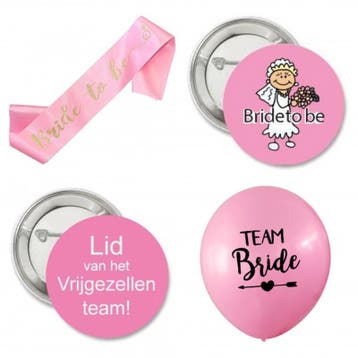 Het Vrijgezellenteam buttons paars 6x en 1x Bride to Be wit, Verzenden, Nieuw, Versiering, Geboorte of Huwelijk