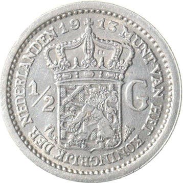 Nederland. Wilhelmina. 1/2 Gulden 1913 KWALITEIT (Zonder