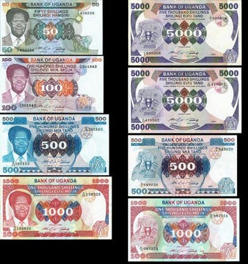 Oeganda. - 8 Banknotes - 1983/1986 (Zonder minimumprijs)