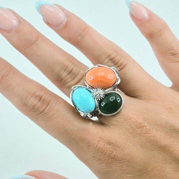 Zilver Ring - Turkoois, koraal en jade