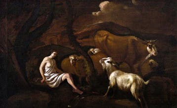 Scuola romana (XVII) - Scena pastorale con giovane e armenti