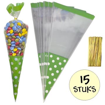 Fako Bijoux - 15x Cellofaan Puntzakken Groene Stippen, Diversen, Verzenden, Nieuw