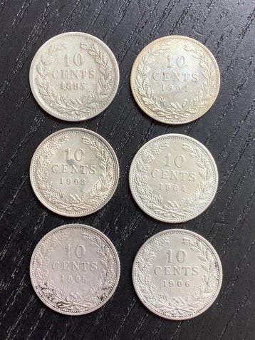 Nederland. Wilhelmina. 10 Cents 1895/1906, Lot van 6 stuks