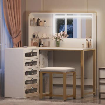 Witte Kaptafel met Spiegel, L-vormig Design, 5 Lades en Kruk, Verzenden, Nieuw
