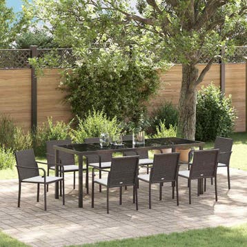 vidaXL Tuin eettafelset 9 st Bruin en zwart PE Rattan, Verzenden, Nieuw, Rotan, Meer dan 8 zitplaatsen