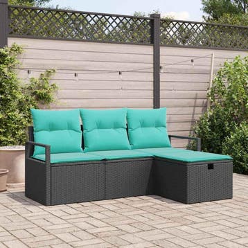 vidaXL Bankstel met kussen 4 pcs Zwart en Turquoise poly, Tuin en Terras, Tuinsets en Loungesets, Verzenden, Nieuw, Rotan, 4 zitplaatsen