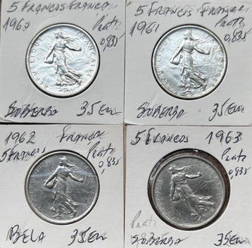 Frankrijk. 5 Francs 1960/1963 Semeuse (lote de 4 moedas de