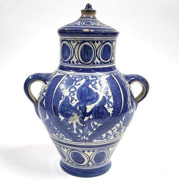 Vintage spaanse aardewerken urn met deksel, blauw-wit, Verzenden, Gebruikt
