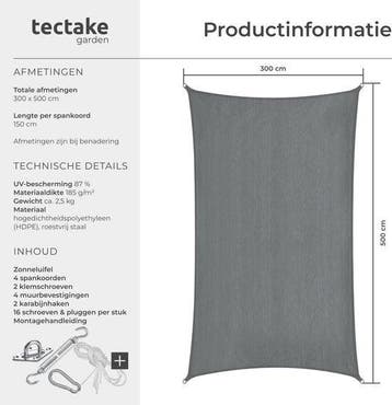 2dekans | tectake® Rechthoekig Schaduwdoek Sunny - 3 x 5 m -, Tuin en Terras, Partytenten, Ophalen of Verzenden, Zo goed als nieuw