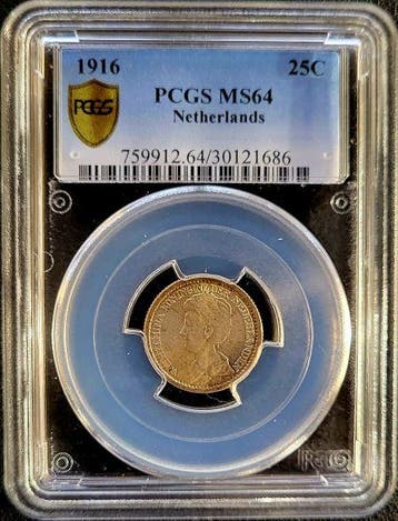 Koningin Wilhelmina 25 cent 1916 MS64 PCGS gecertificeerd, Verzenden, Zilver, 25 cent, Koningin Wilhelmina