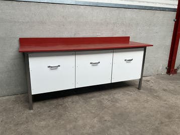 Polyethylene PE Werkkast Snijtafel 3 schuifbakken 220 cm, Ophalen of Verzenden, Gebruikt, RVS Meubilair