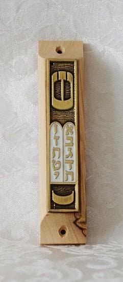 Mezuzah de 10 geboden, olijfhout met bronskleurige afbee..., Nieuw