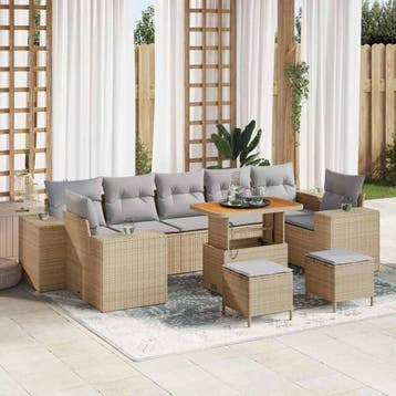 vidaXL Tuin Sofa Set 10 st 9-Aantal zitplaatsen Beige en, Verzenden, Nieuw, Rotan, Meer dan 8 zitplaatsen