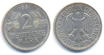 2 duitse Mark 1951 G Brd:, Postzegels en Munten, Munten | Europa | Niet-Euromunten, Verzenden