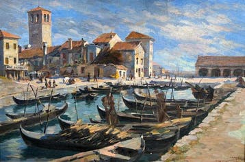 Scuola Italiana (XIX-XX), firmato F. Cantori - Laguna,, Antiek en Kunst, Kunst | Schilderijen | Klassiek