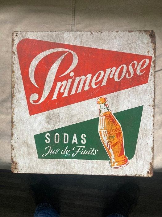 Tolaque - Primerose Sodas Jus de Fruits metalen reclamebord, Antiek en Kunst, Antiek | Wandborden en Tegels