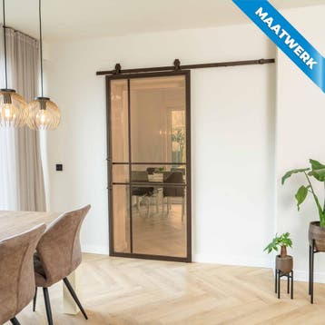Stalen Schuifdeur 6 Vlaks Brons Maatwerk Brons rook glas, Nieuw, Metaal, Inclusief glas