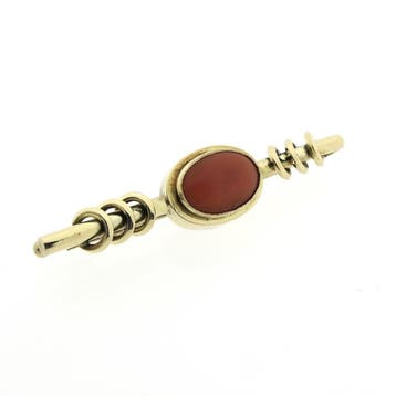 Vintage gouden broche met bloedkoraal, Gebruikt, Overige kleuren, Ophalen of Verzenden, Met edelsteen
