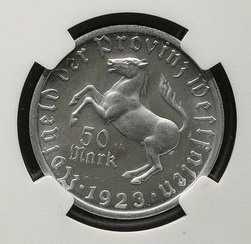 Duitsland, Westfalen 50 Mark 1923 - NGC MS64, Postzegels en Munten