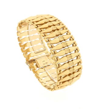 Gouden brede schakelarmband, Ophalen of Verzenden, Gebruikt, Goud, Goud