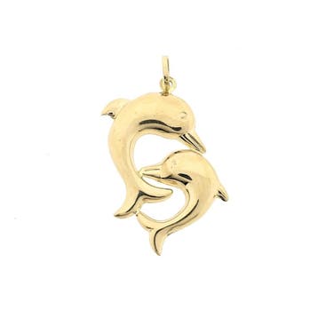 Gouden hanger van twee dolfijnen (Hanger of bedel), Sieraden, Tassen en Uiterlijk, Bedels, Ophalen of Verzenden, Gebruikt, Goud