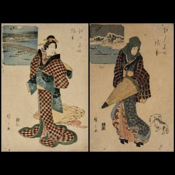 Twee prenten uit de serie Famous Views of Edo ; Utagawa