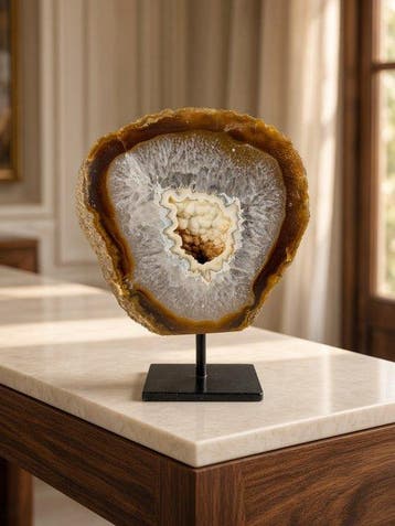 Very rare natural agate with crystal portal geode on stand
