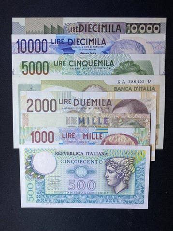 Italië. - 500, 2 x 1.000, 2 x 2.000, 5.000, 2 x 10.000 Lire