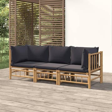 vidaXL 3-delige Loungeset met kussens bamboe donkergrijs, Verzenden, Nieuw, Hout, Loungeset