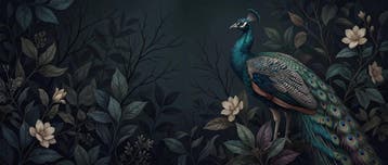 Pauw behang woonkamer – donker bloemen fotobehang, Verzenden, Fotobehang